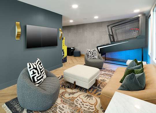 A modern living room with a grey ottoman and a white bench.