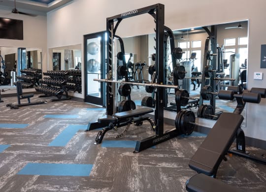 a gym with weights and cardio equipment on the floor and a mirrored wall