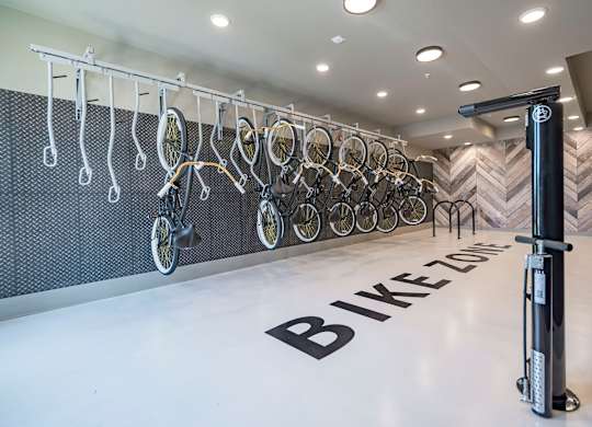 a large bike rack in the center of the store