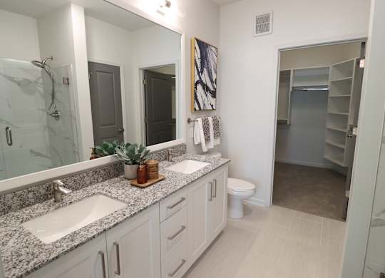 a bathroom with a sink and a shower and a toilet