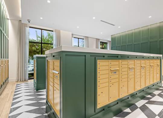 A row of mailboxes are lined up on a green wall.