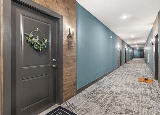 A hallway with a door on the left and a plant on the door.