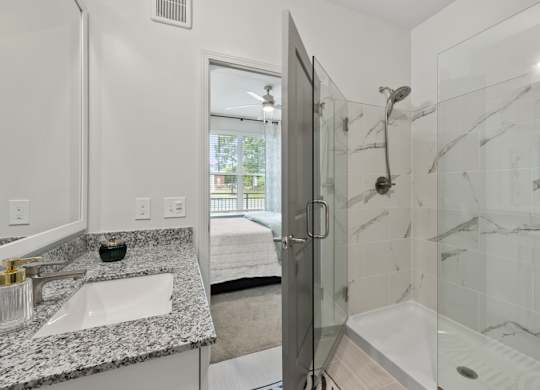 A bathroom with a marble countertop and a walk-in shower.