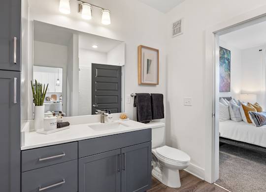 A bathroom with a white countertop and a white toilet.