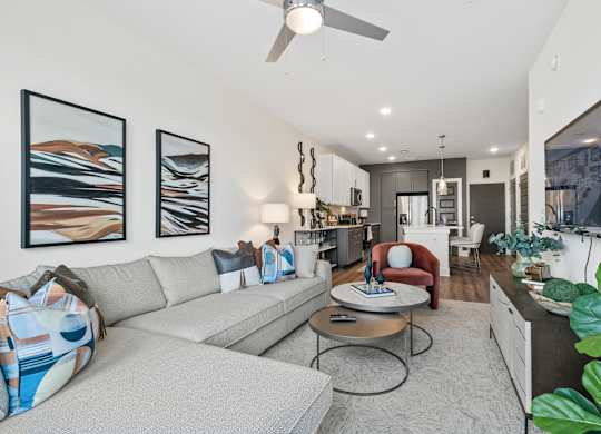 A modern living room with a grey sofa, a coffee table, and a television.
