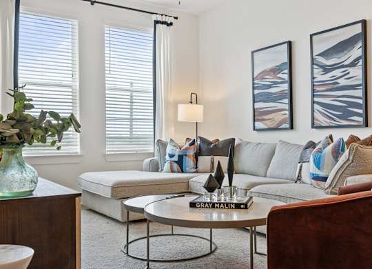 A living room with a grey sofa, a coffee table, and two framed pictures on the wall.