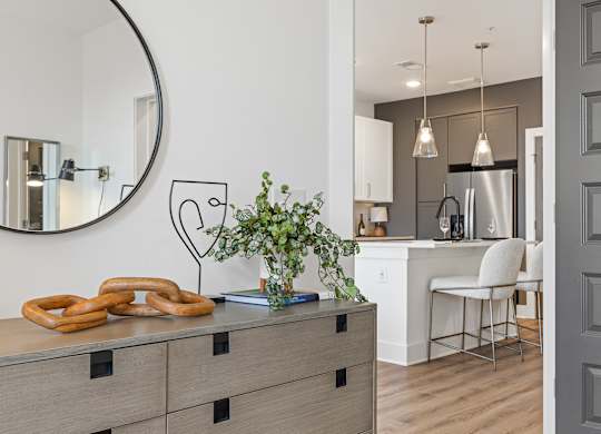 A kitchen with a round mirror and a plant on the counter.