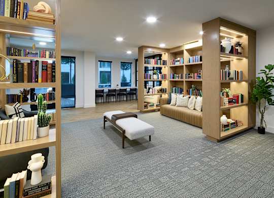 A room with a grey carpet and bookshelves filled with books.
