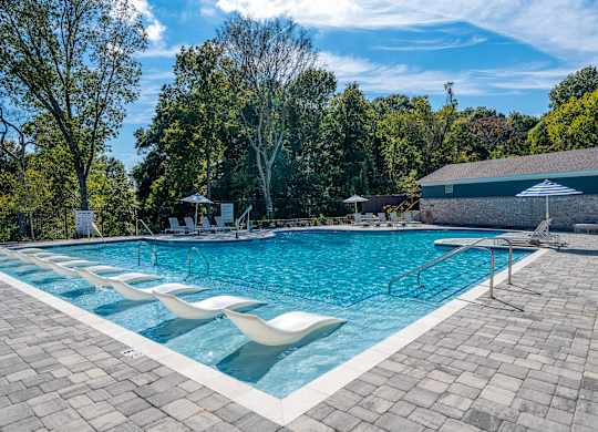 A large outdoor swimming pool surrounded by trees.