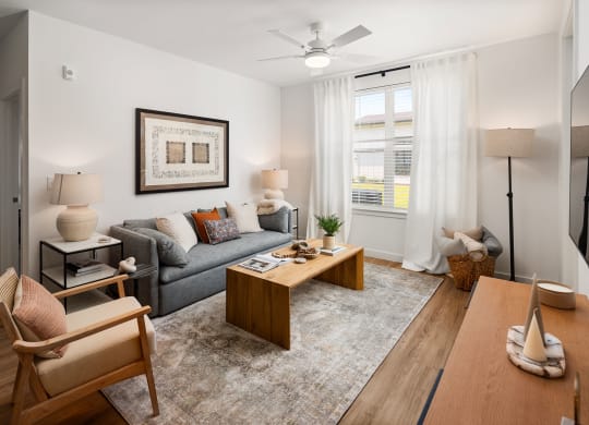 a living room with a couch and a coffee table