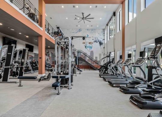 a gym with cardio equipment and a mural on the wall