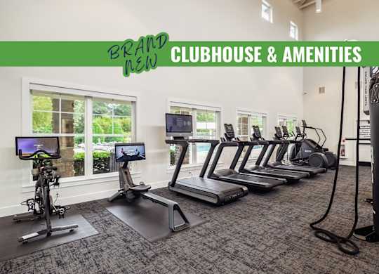 A gym with a green banner that says "Brand New Clubhouse & Amenities".