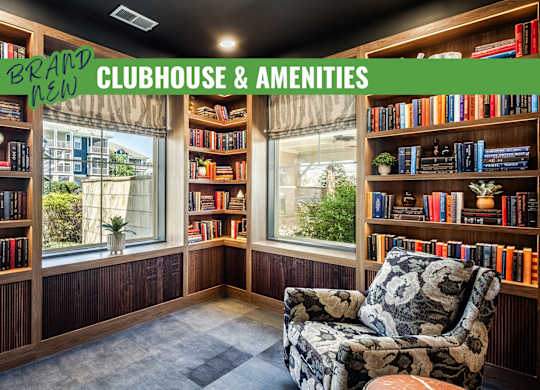 A cozy room with a bookshelf and a chair is labeled as a clubhouse and amenities.