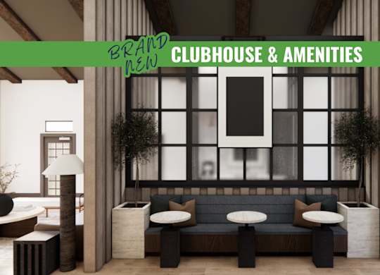 A modern clubhouse and amenities area with a black and white color scheme.