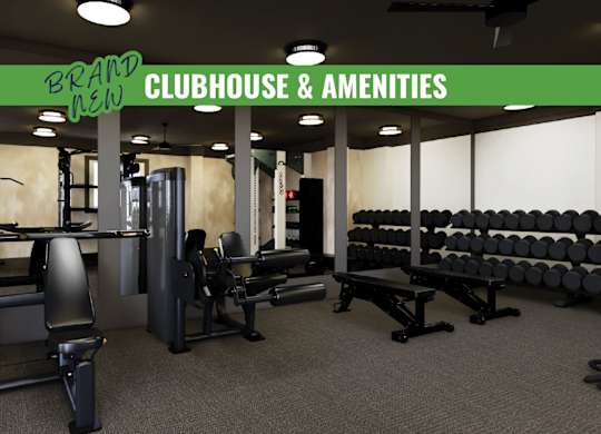 A gym with a green sign that says "Brand New Clubhouse & Amenities".