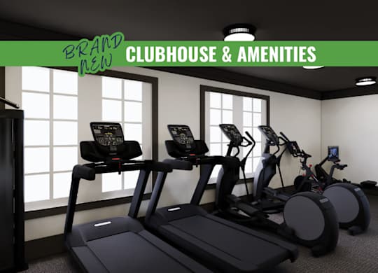 A gym with treadmills and exercise bikes is showcased.