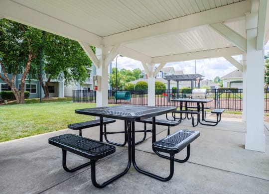a covered picnic area with benches and tables