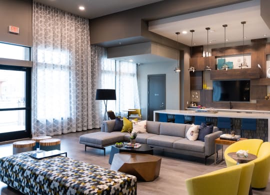 a living room with a couch and a table