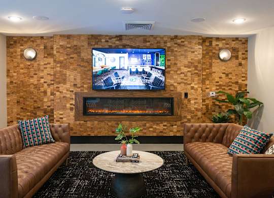 a living room with couches and a television on the wall