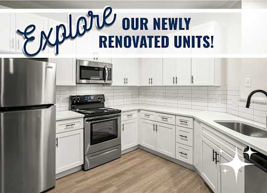 A kitchen with a refrigerator, oven, microwave, and sink is advertised as newly renovated.