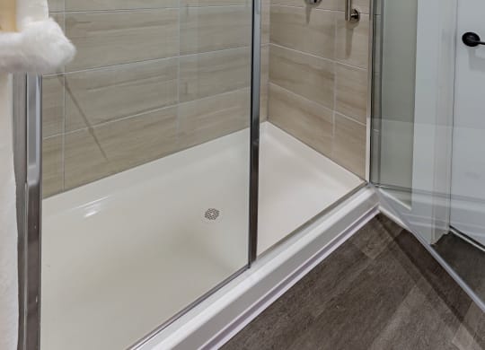 a shower with a glass door in a bathroom