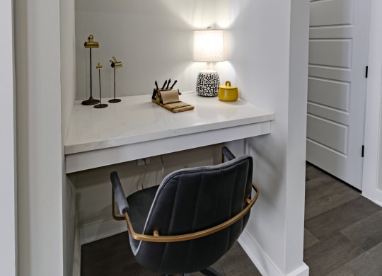 a workspace with a chair and a desk in a closet
