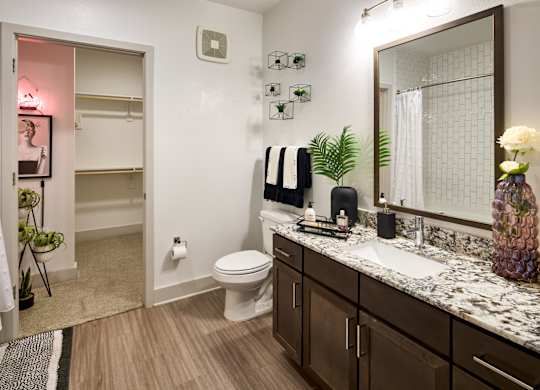 A bathroom with a toilet, sink, and mirror.