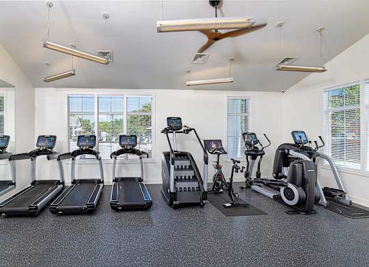 A row of treadmills and exercise bikes are lined up in a brightly lit gym.