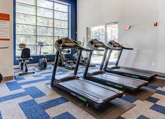 A gym with treadmills and elliptical machines at Sweetwater At Metro North Apartments, Phoenix  85029