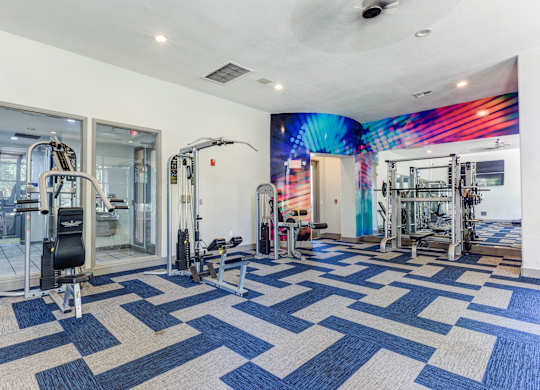 A gym with a variety of equipment including a treadmill, weights, and a bench press at Sweetwater At Metro North Apartments, Phoenix, AZ
