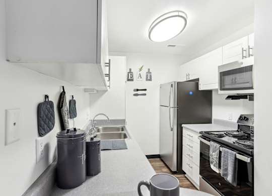 A modern kitchen with a grey countertop and stainless steel appliances. at Millennium at Creve Coeur, Missouri, 63141