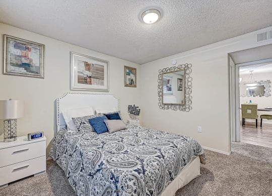 Bedroom with Ceiling Fan at St. Johns Forest Apartments, Jacksonville, FL