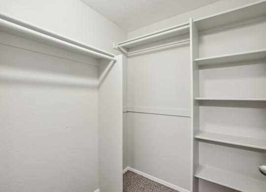 A white closet with shelves and a carpeted floor at Sweetwater At Metro North Apartments, Phoenix, AZ