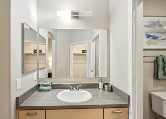 A bathroom with a sink, mirror, and towel rack at Sweetwater At Metro North Apartments, Phoenix, AZ 85029