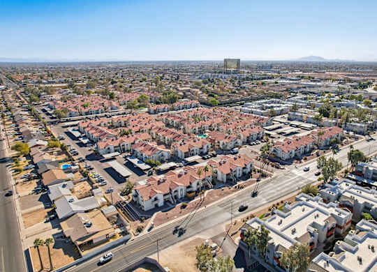 A residential area with houses and streets.