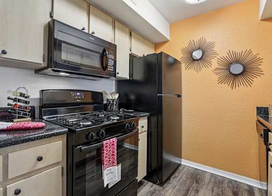 A kitchen with black appliances and wooden cabinets.