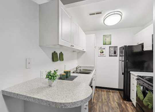 A kitchen with a granite countertop and white cabinets. at Millennium at Creve Coeur, Missouri, 63141