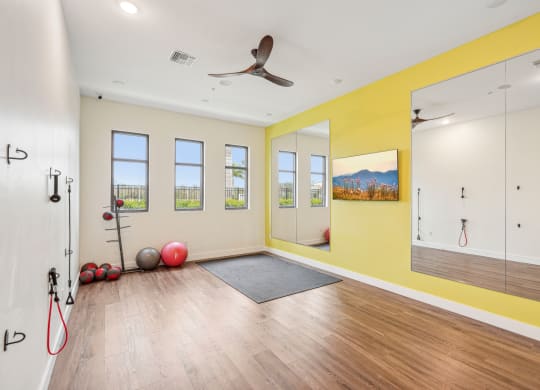 a workout room with a ceiling fan and mirrors on the wall at Edge75, Naples, Florida 34104
