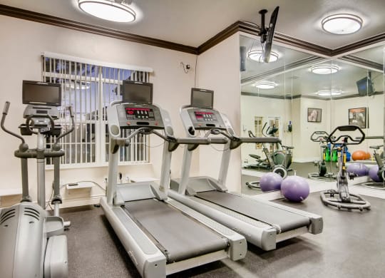 a gym with treadmills and other exercise equipment at Heritage at Stone Mountain, Northglenn, CO, 80233