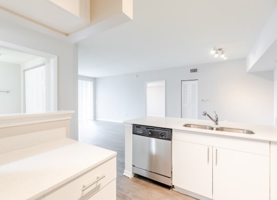 a kitchen with white cabinets and a stainless steel dishwasher at Heritage Bay, Jensen Beach Florida
