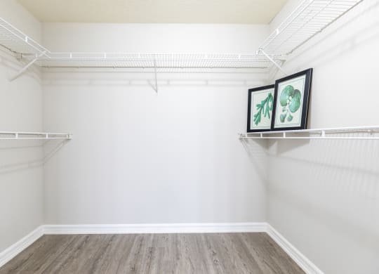 an empty closet with white walls and white shelves at Heritage Bay, Jensen Beach, 34957