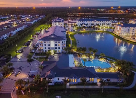 Night Aerial View of Property and Lake at Edge75, Naples, Florida 34104
