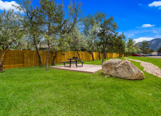 a picnic table in the backyard of a home with a wooden fence at Broadmoor Springs, Colorado Springs, CO, 80906