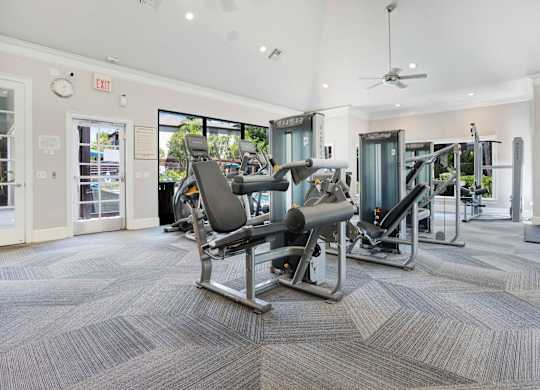 A gym with a row of treadmills and a weight machine.