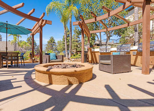 A patio with a fire pit and seating area.