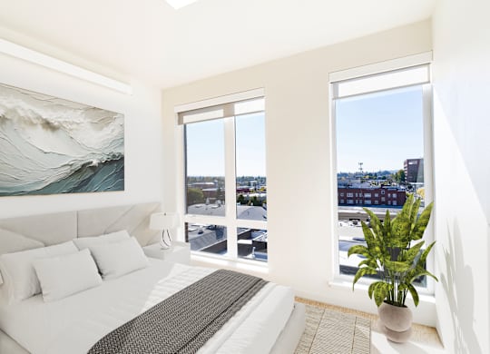 A bedroom with a large bed, a painting on the wall, and a view of the city.
