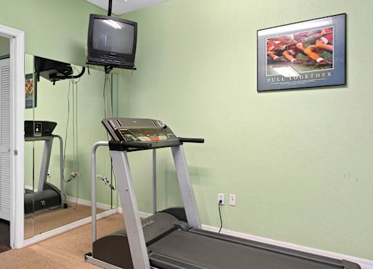 a treadmill in a gym with a tv on the wall at The Groves at Wimauma Apartments , Wimauma, FL