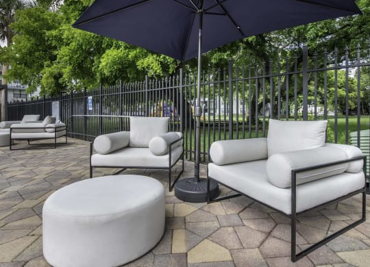 a patio with two white couches and two black umbrellas  at Club at Emerald Waters, Florida