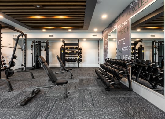 Large modern fitness center with free weights  at Chapter at the Streets of St Charles, Saint Charles, MO