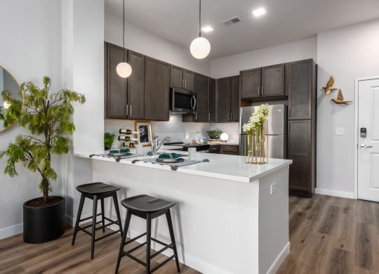 Modern kitchen with designer lighting, quartz countertops, dark cabinetry and stainless steel appliances  with countertop with seating  at Chapter at the Streets of St Charles, Saint Charles, 63303